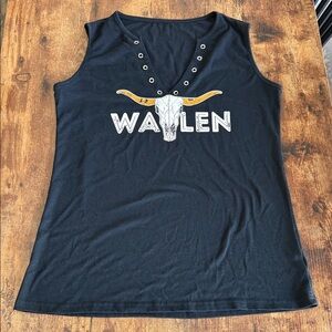 Black Sleeveless V-Neck Graphic Tank with Stud Detail